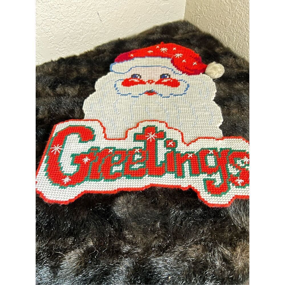 Finished Needlepoint Wall Hanging Decor SANTA GREETINGS 16" x 14